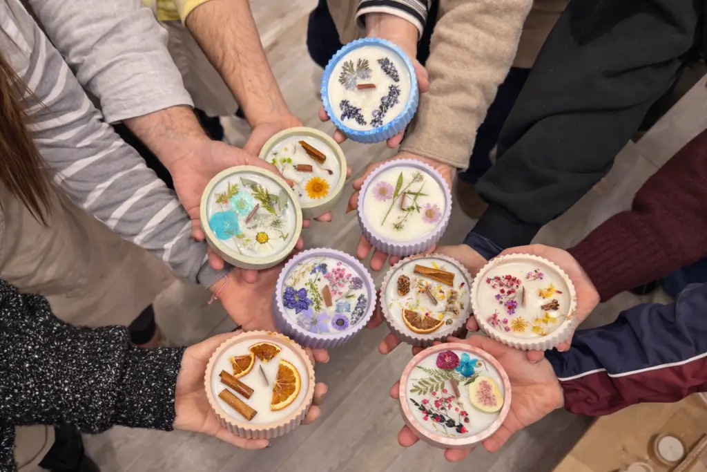 Grupo de asistentes mostrando sus velas artesanales en un taller de velas en Mataró de La Fuerza del Alma
