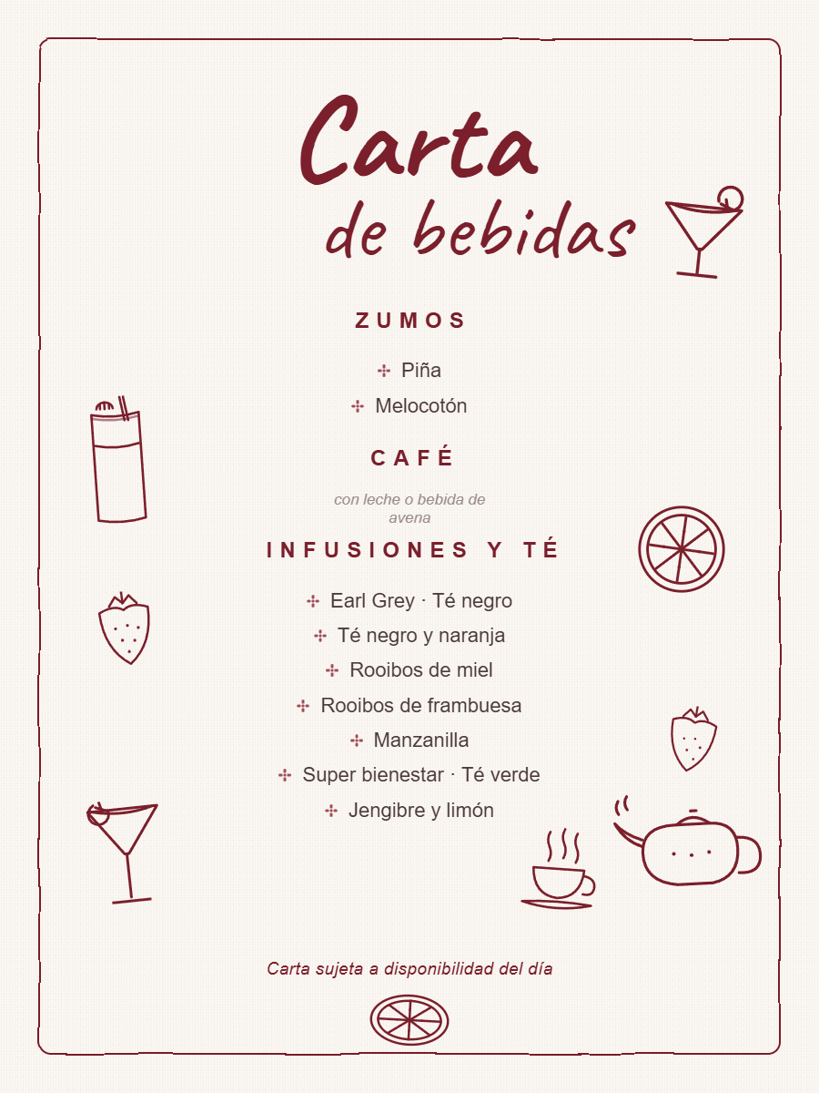 Carta de bebidas de los talleres de La Fuerza del Alma
