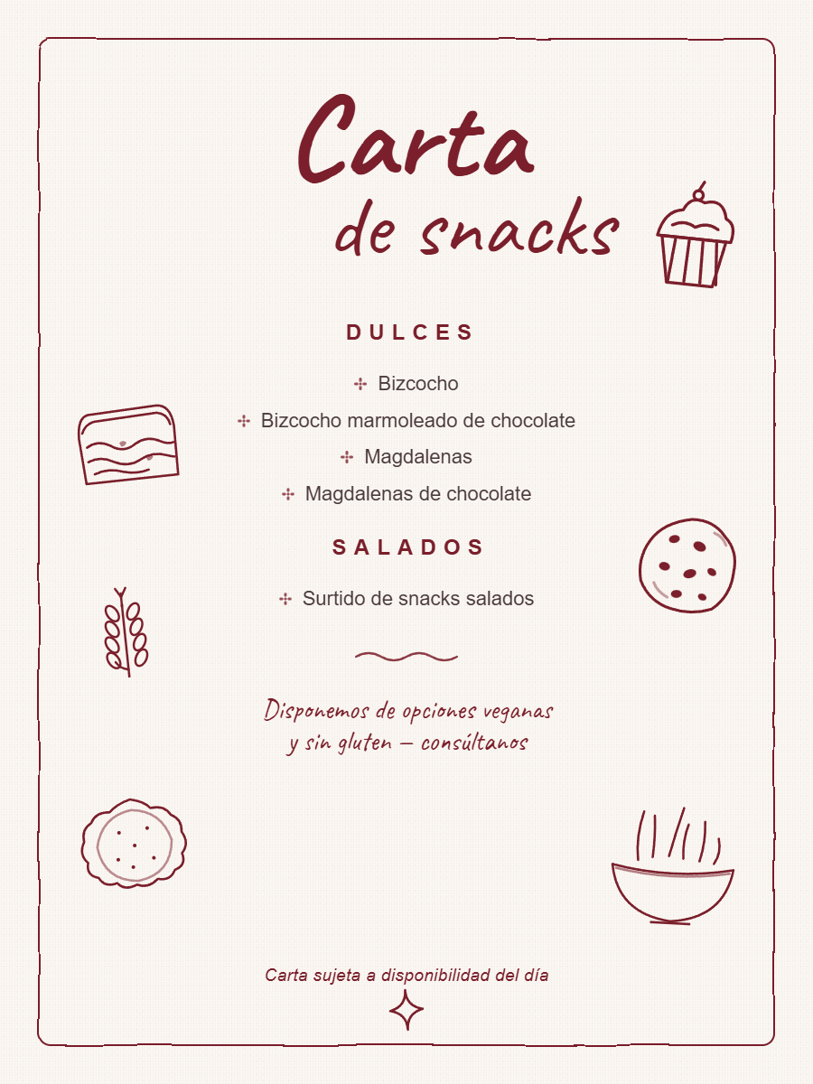 Carta de snacks de los talleres de La Fuerza del Alma