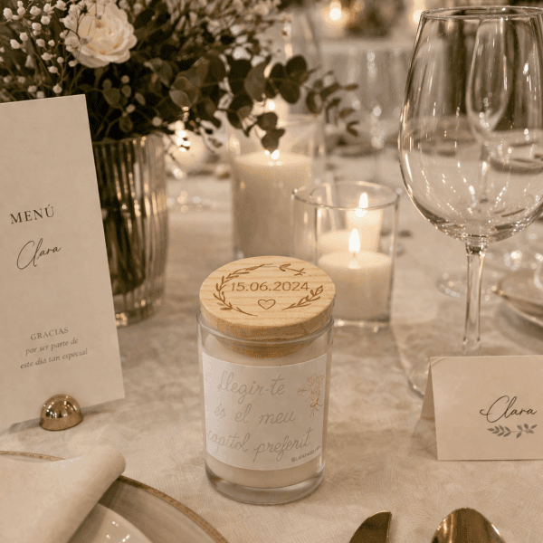 Vela Cristal con tapa de madera · detalle de boda personalizado