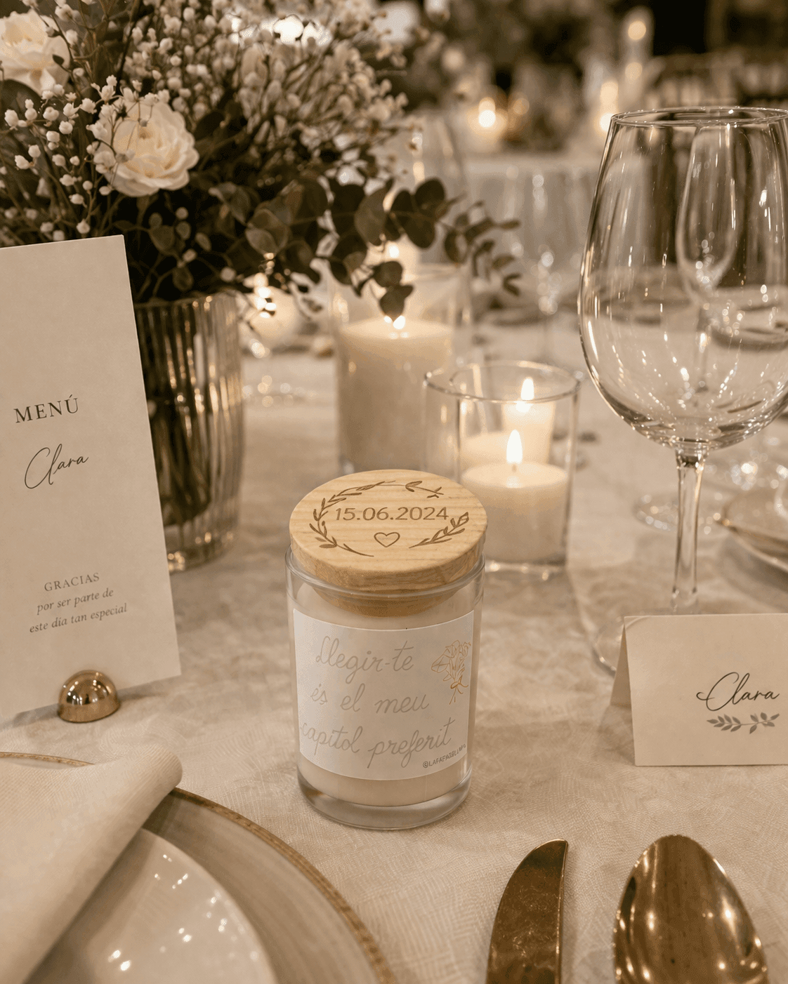Vela Cristal con tapa de madera · detalle de boda personalizado