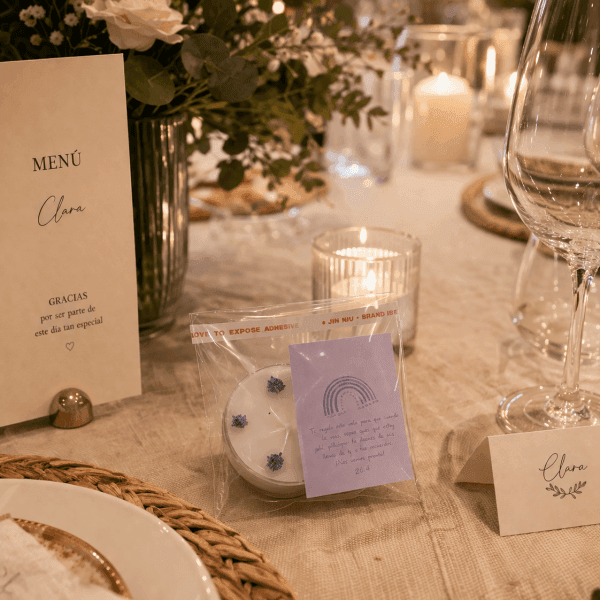 Vela Mini de té · detalle de boda con bolsita y tarjeta