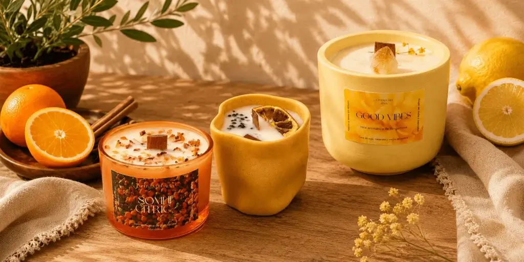 Tres velas artesanales de cera de soja de La Fuerza del Alma sobre una mesa de madera con naranjas, limon y luz de verano