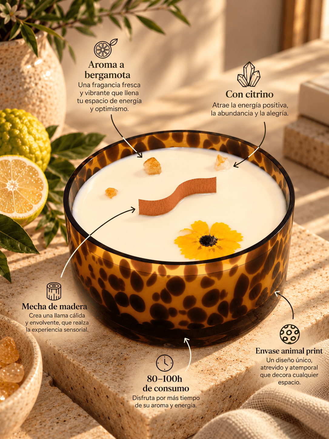 Características de la vela Alma Salvaje MAXI Good Vibes: aroma a bergamota, citrino y envase animal print