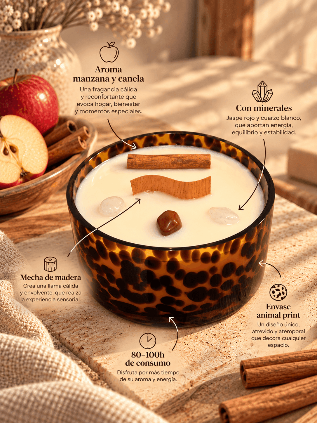 Características de la vela Alma Salvaje MAXI Home Sweet Home: aroma manzana y canela, jaspe rojo y cuarzo blanco