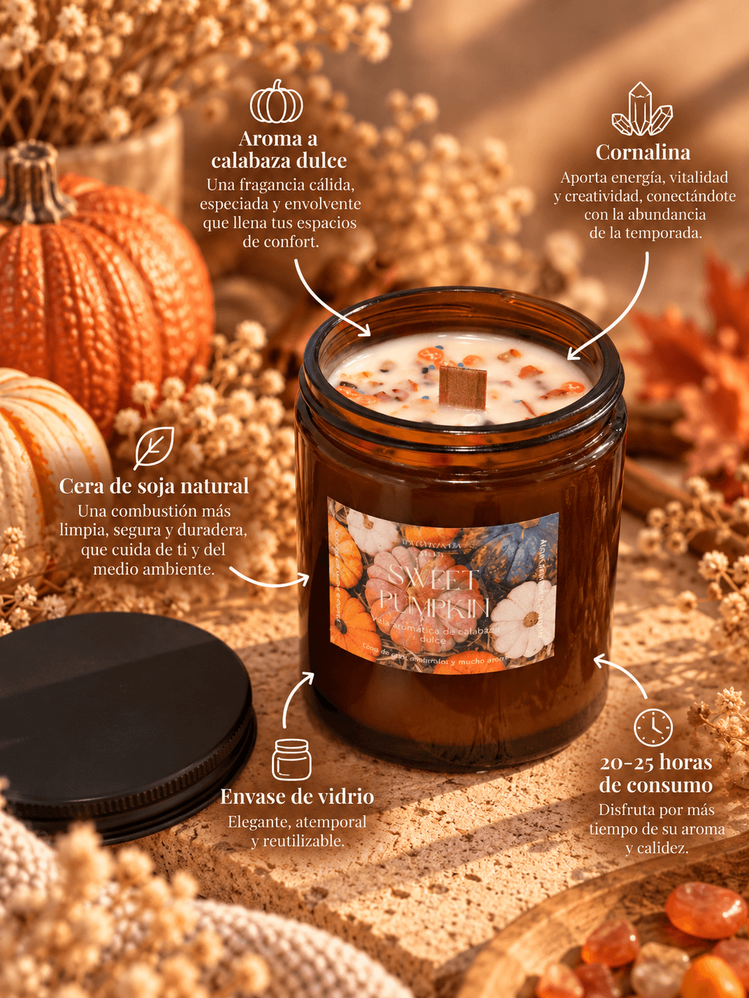 Características de la vela Blackie Sweet Pumpkin: aroma a calabaza dulce, cornalina y cera de soja