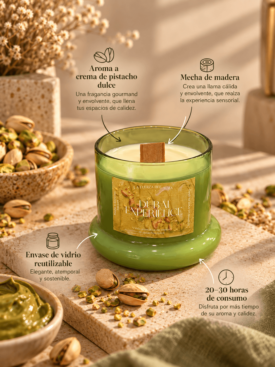 Características de la vela Flow Dubai Experience: aroma a crema de pistacho, mecha de madera y 20-30 horas