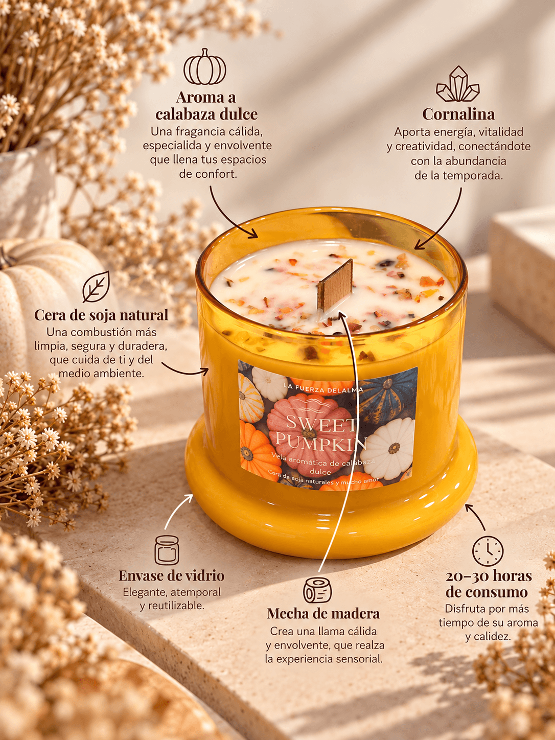Características de la vela Flow Sweet Pumpkin: aroma a calabaza dulce, cornalina y cera de soja