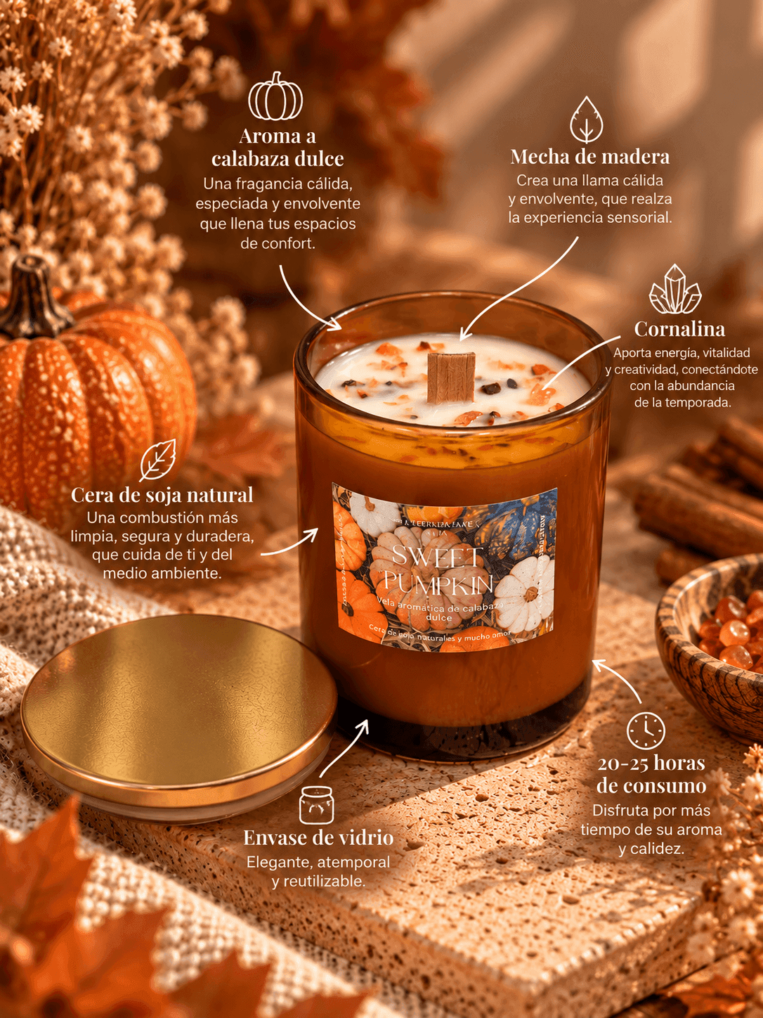 Características de la vela Golden Sweet Pumpkin: aroma a calabaza dulce, cornalina y cera de soja