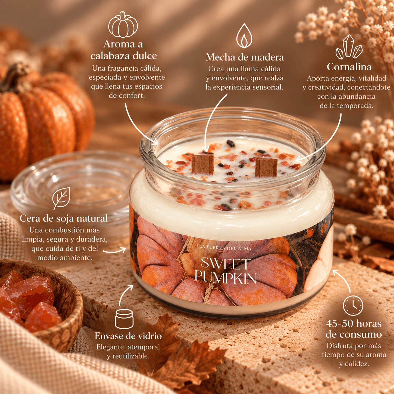 Características de la vela Karma Sweet Pumpkin: aroma a calabaza dulce, cornalina y cera de soja