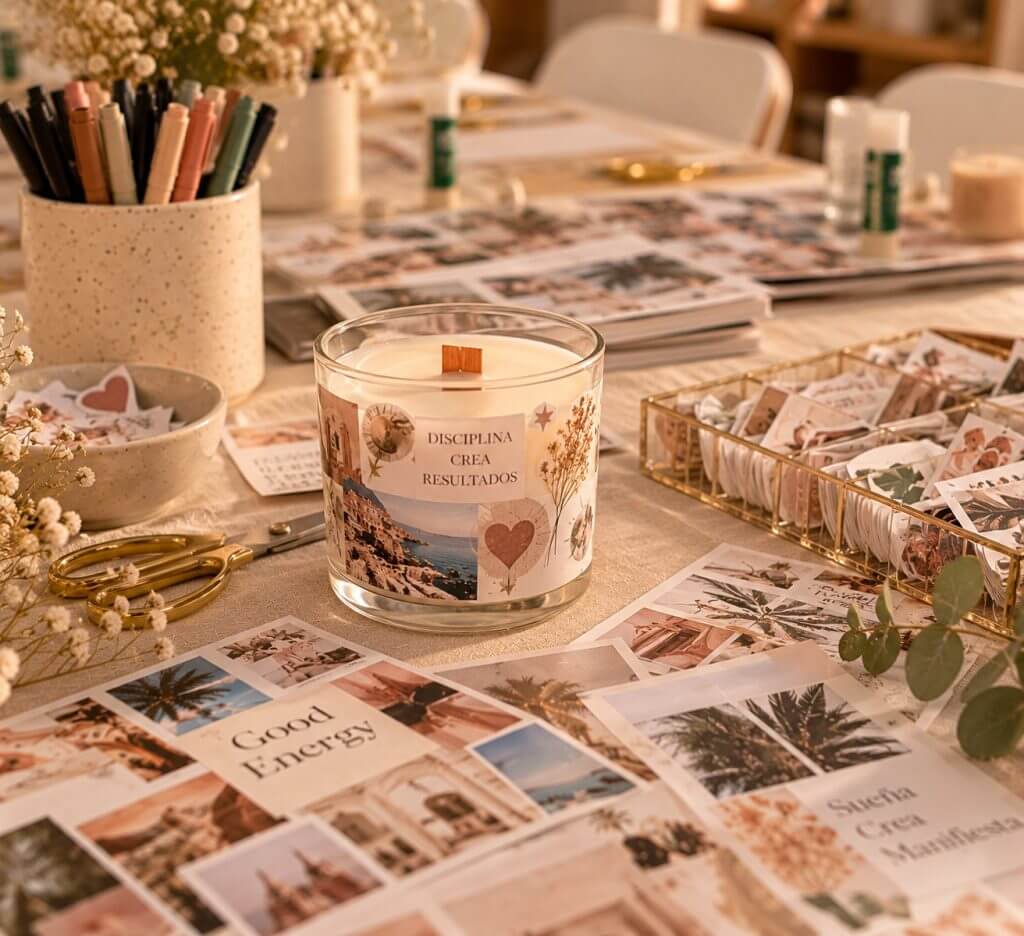 Vela de cera de soja en cristal personalizada con imágenes y la frase Disciplina crea resultados, sobre recortes de vision board